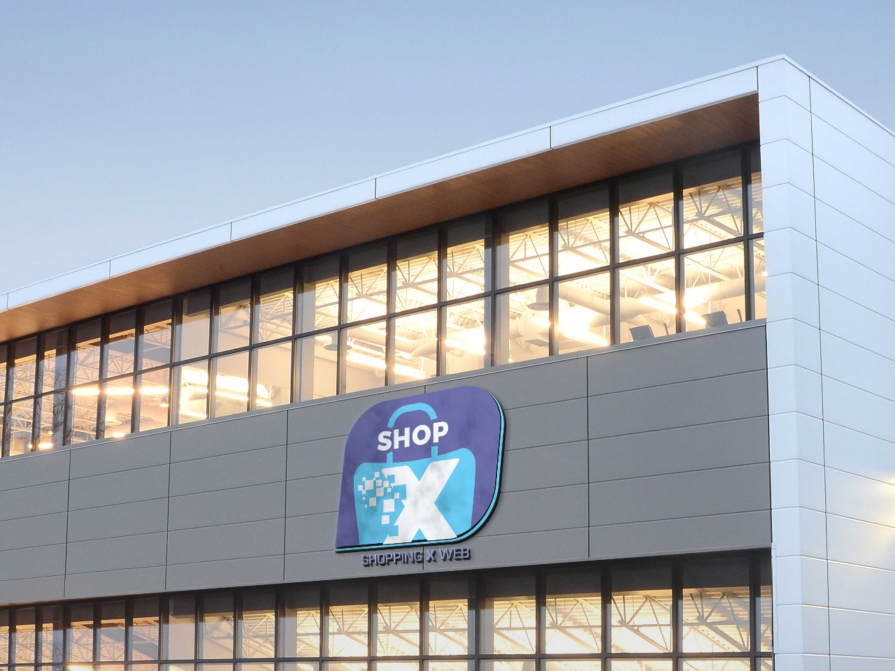 Fachada de prédio comercial com a logo da Shopping X Web aplicada